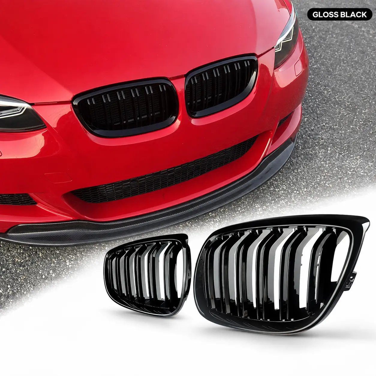 Clip-On Gloss Black Dual Slat Front Kidney Grille Pair - 2PCS Left & Right ABS Plastic Exterior Replacement Accessory For BMW 3 Series E92 Coupe/E93 Convertible (316i,318i,320d,325i,328i,330i,330d,335i 2006-2010; M3 2007-2013)
