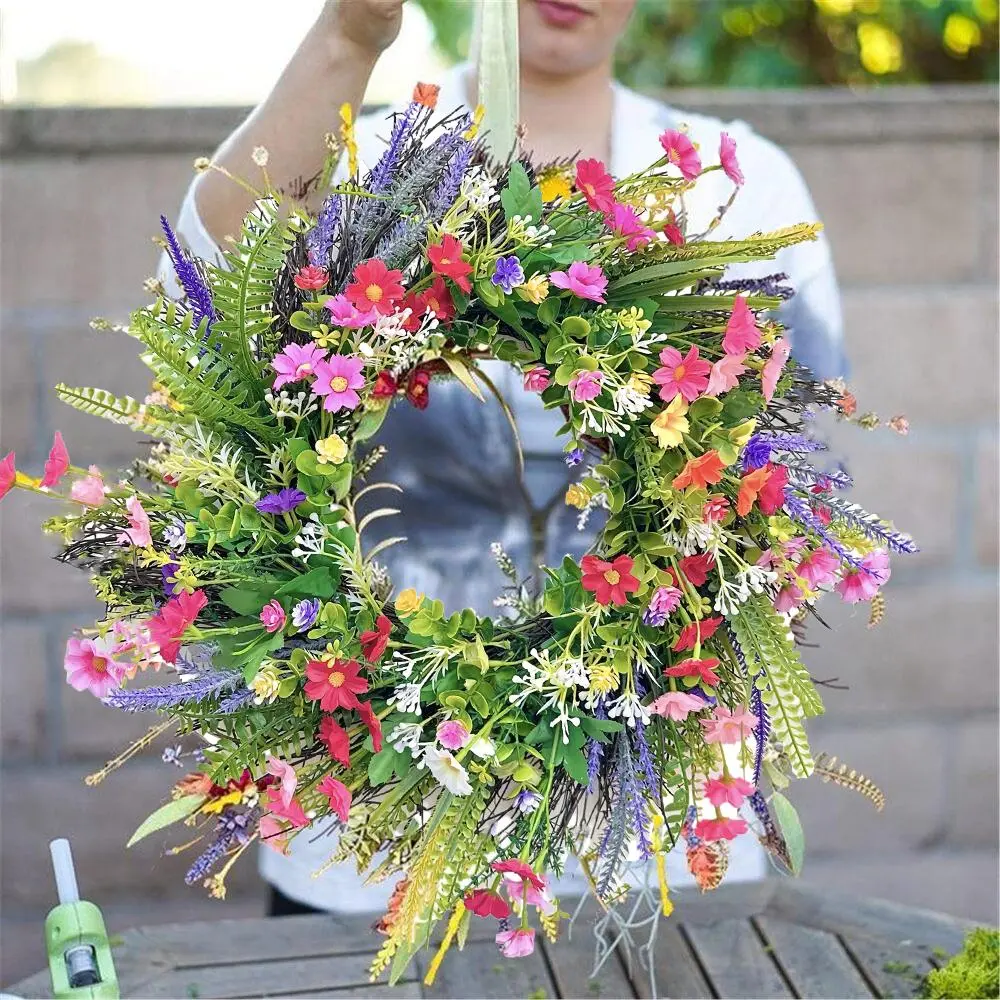 Spring Artificial Wildflower Wreath,Daisy Lavender Greenery Wreath,Rustic Farmhouse Wreath Summer Wreaths for Front Door Spring Door Wreath for Front Door Home Decor