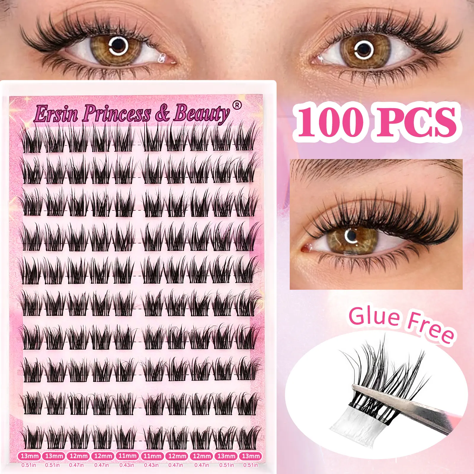 100-Cluster Self-Adhesive False Eyelash Extensions, Natural Lash Clusters, Mixed Lengths (11-13 mm), Natural Curl, Waterproof, Long-Lasting, Easy to Apply