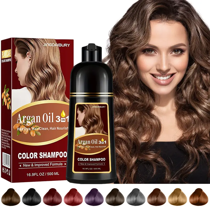 3-in-1 Argan Oil Hair Dye Shampoo for Gray Hair Coverage, Instant Dark Brown Hair Color Shampoo for Women & Men, Long-Lasting Semi-Permanent Dye, Easy to Use, Champu Para Canas, 500ml / 16.9 Fl Oz