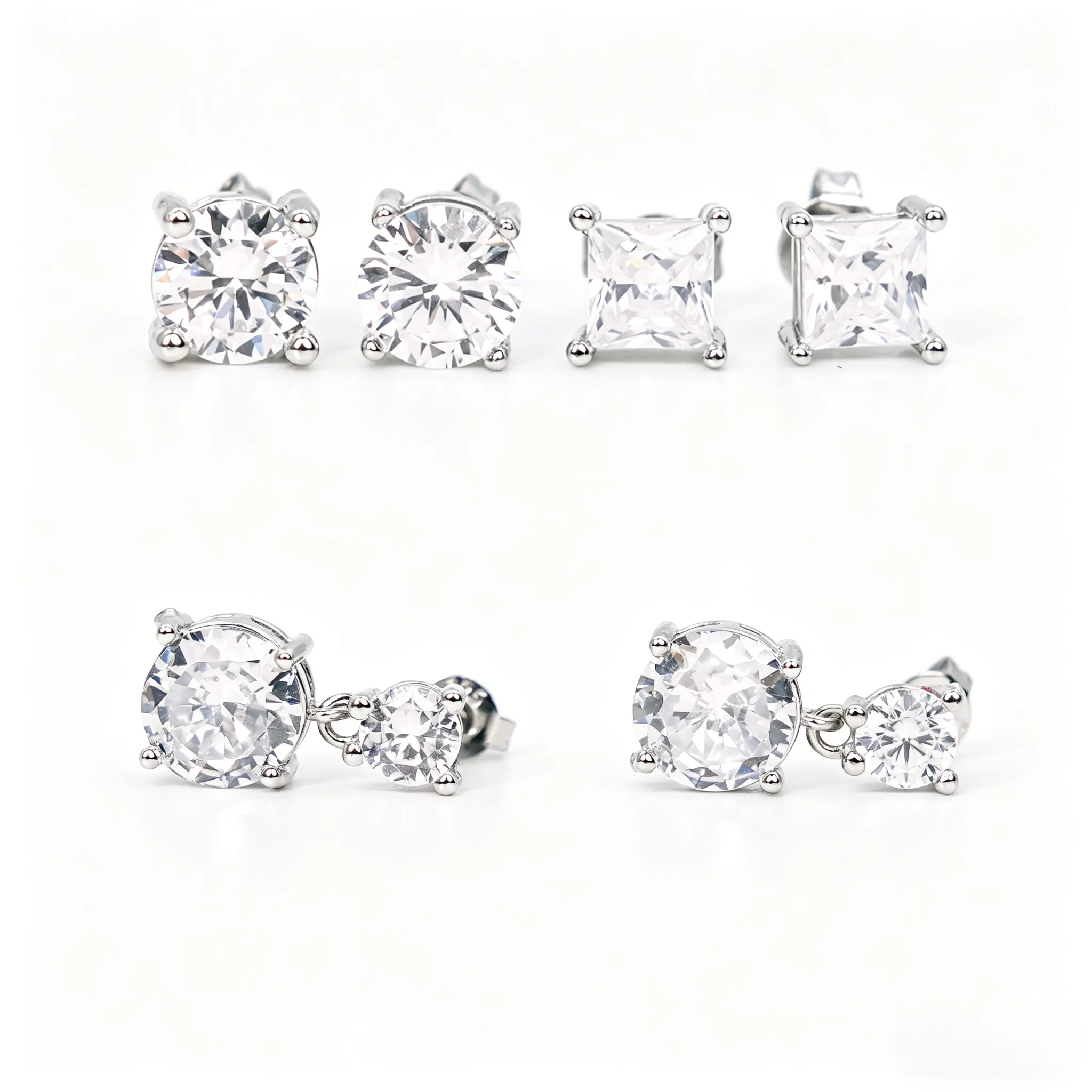 3-Pair Sterling Silver Earrings Set for Women, Lightweight Hypoallergenic Round & Princess Cut CZ, Chic Style Jewelry for Daily Office Wear, Office Chic, Artificial Zircon Earrings, Brilliant Round Solitaire Studs, Subtle Sparkle, Chic Style Earrings