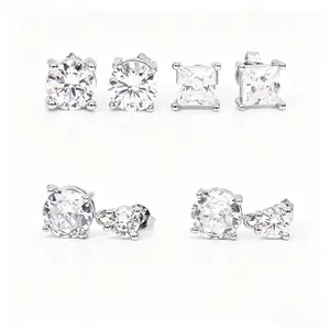 3 Pairs Sterling Silver CZ Stud Earrings Set for Women, Hypoallergenic Round & Princess Cut Diamond Earrings, Bridal Wedding Daily Wear Jewelry Gift