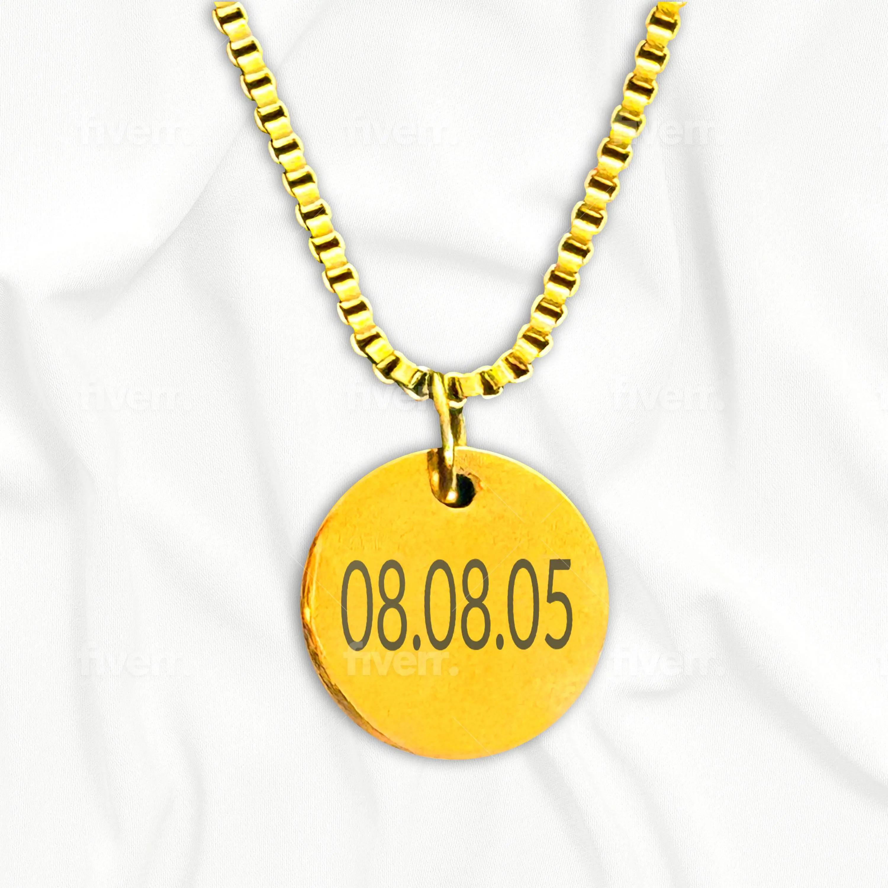 Personalized Date Disc Pendant Necklace - Yellow Pendant with Black Text "08.08.05"