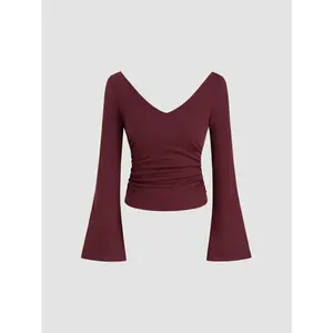 Cider Women's Solid V-Neck Ruched Long Bell Sleeve Tee