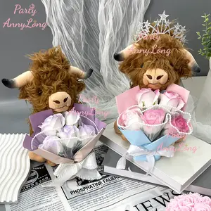 Highland Cow Plush Toy with Artificial Rose Bouquet, 1 Set Cute Plush Toy, Home Decor Ornament, Soft Cuddly Gift for Your Loved One