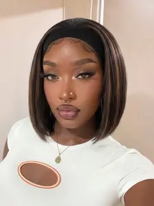 Short Headband Wigs Highlight Brown Wig For Women Straight Bob Wig 10/14 Inch Headband Wig Wear And Go Glueless Wig No Glue Wig Synthetic Wig For Daily Party Use Synthetic Hair Wigs