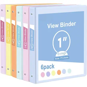 3 Ring Binder - 6 Pack, 1 Inch Binder with 2 Interior Pockets & Clear View Overlay, Large Capacity, Round Ring Binders for Office Supplies, School &  (6 Colors)