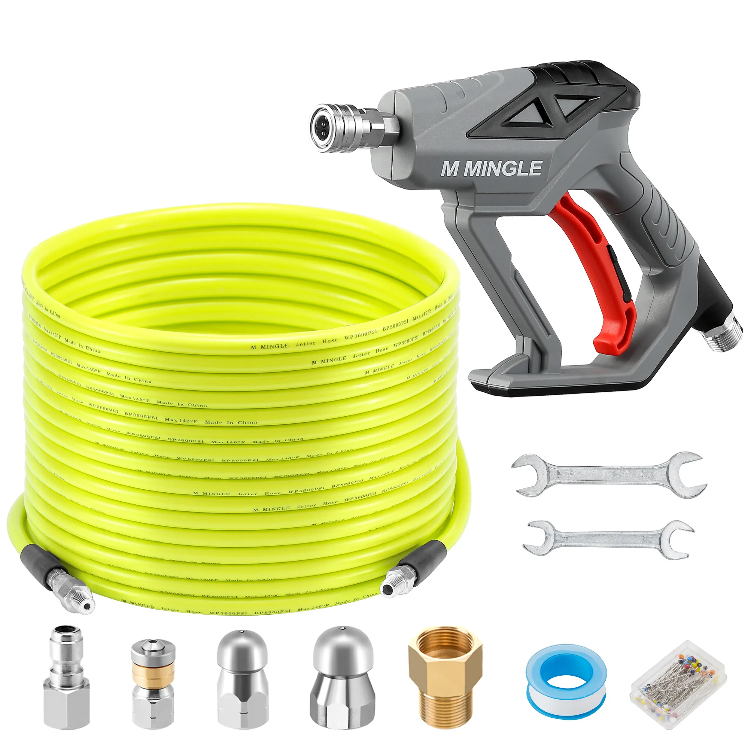 M MINGLE Pressure Washer Sewer Jetter Kit - 50 FT High Pressure Hose, 1/4 Inch NPT Wand (Lets You Pause Flow, Start/Stop), Corner Rotating & Button Nose Nozzles (4.0, 4.5 Orifices), Wrenches, Watertight Tape, Adapter, Car Washing Pin Accessory Box
