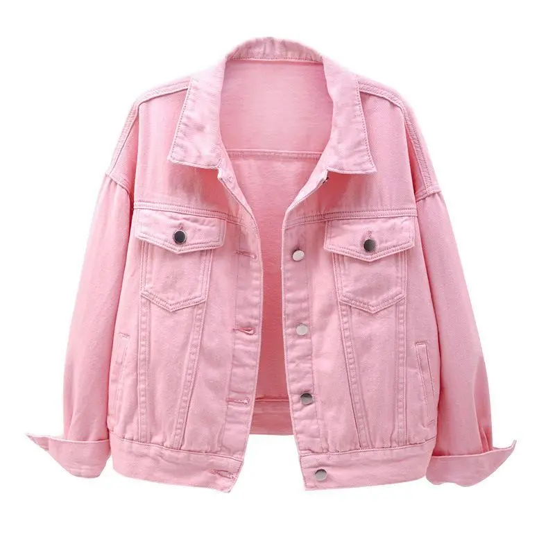 2025 New Women's Short Denim Coat - Loose Fit, Long Batwing Sleeves, Fitted Collar, Colorful Pink, Plus Sizes, Comfortable Casual Outerwear, Basic Minimalist Women's Clothing, Short Coat