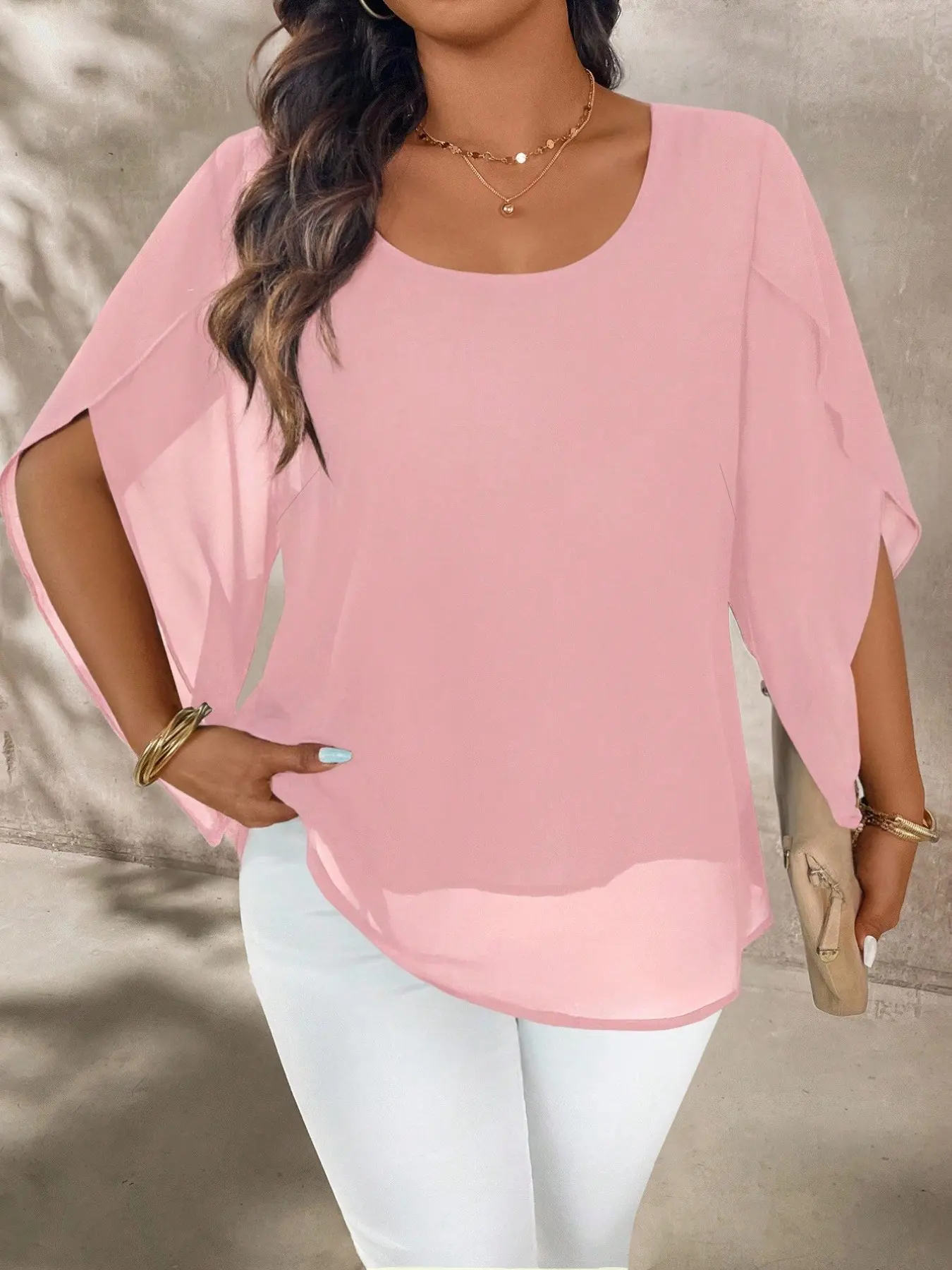 Chiffon Top with Sheer Flared Batwing Sleeves, Lightweight Stretch Fabric, Perfect for Casual, Office, Dates, Summer, Blouses