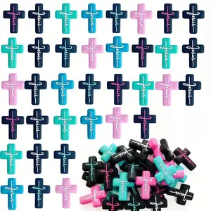 Christian Theme 30pcs Silicone Cross Focal DIY Craft Kit with Jesus Cross Beads, Pen Accessories & Jewelry Making Resources for Mother's Day Gifts Handicraft Acrylic