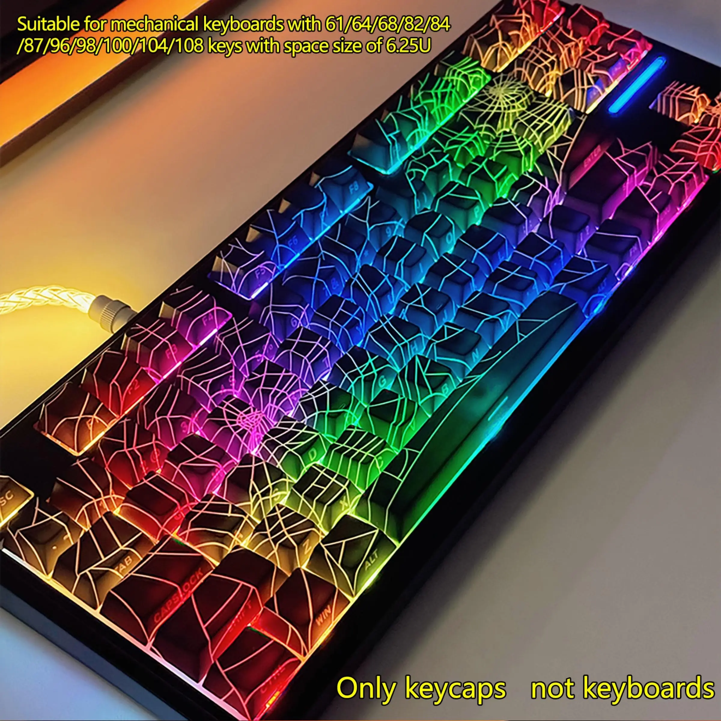 Spider Web Side Printed Keycaps, Mechanical Side Transparent Pbt Five-Sided Heat Transfer Customizable Keycaps, 130pcs Boxed