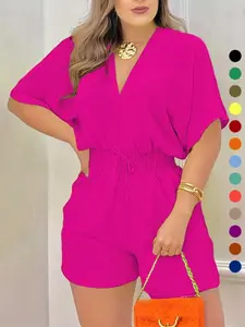 Women's Plain Drawstring Shirred Waist Fitted V Neck Romper, Casual Half Sleeve Zipper Back High Waist Romper for Summer, Fashion Women's Clothing for Daily Wear