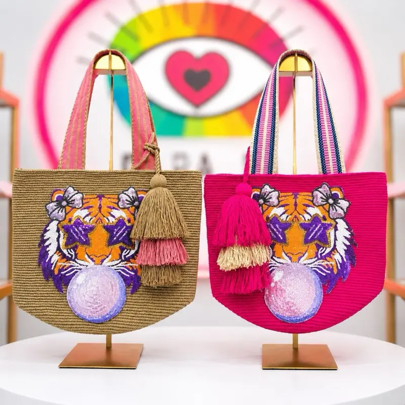Handmade Tiger Tote Bag with Sequins & Tassels – Colorful Artisan Shoulder Bag