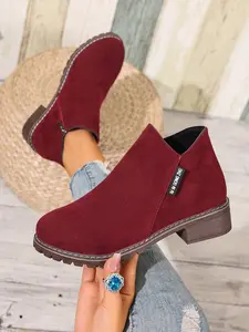 Women's Velvet Chelsea Ankle Boots, Vintage Commuter Style Chunky Heel Casual Shoes, Fall Winter Season, Thick Heeled Boots