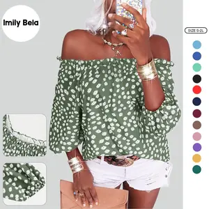 Imily Bela Womens Summer Off Shoulder Blouse Floral Print 3/4 Sleeve Casual Chiffon Tops Shirts PY1431