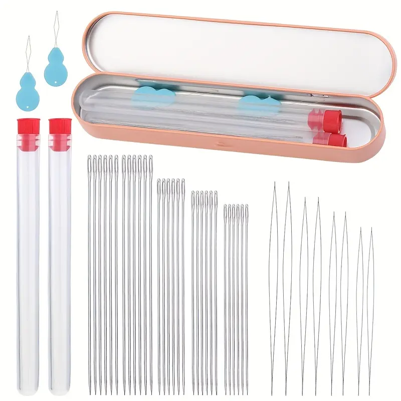 38-Piece Deluxe Beading Needle Set - Diverse Sizes (4+5) with Extra-Large Eye & Lengthened Needles for Seed Beads, Includes Threader Tool & Storage Bottle - Perfect for Crafting Elegant Bracelets & Jewelry