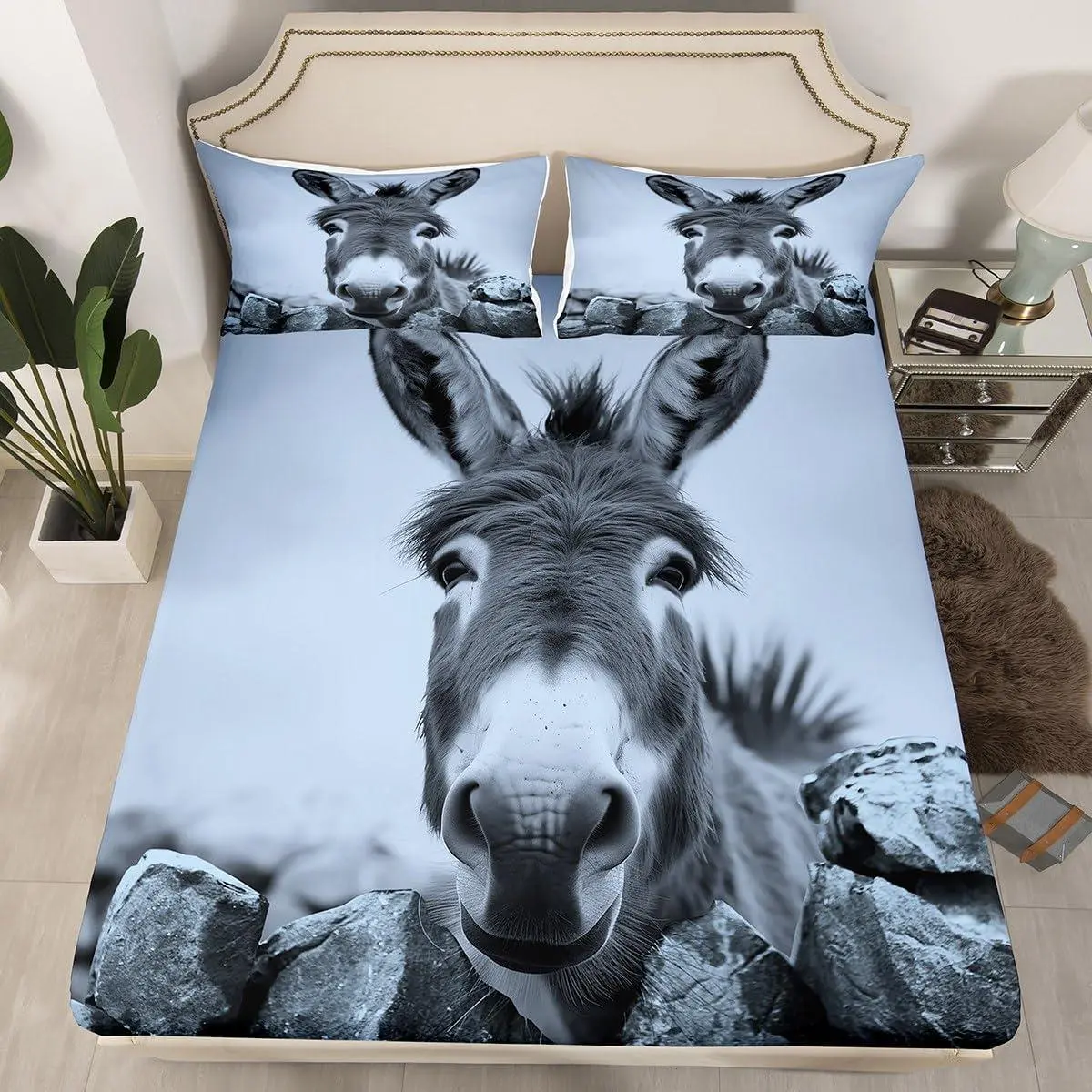 Funny Donkey Bedding Set,Farm Animal Bed Sheets Grey Retro Donkey Fitted Sheet for Kids Boys Teens Adults Men Bedroom Soft Microfiber Bedding Set,with