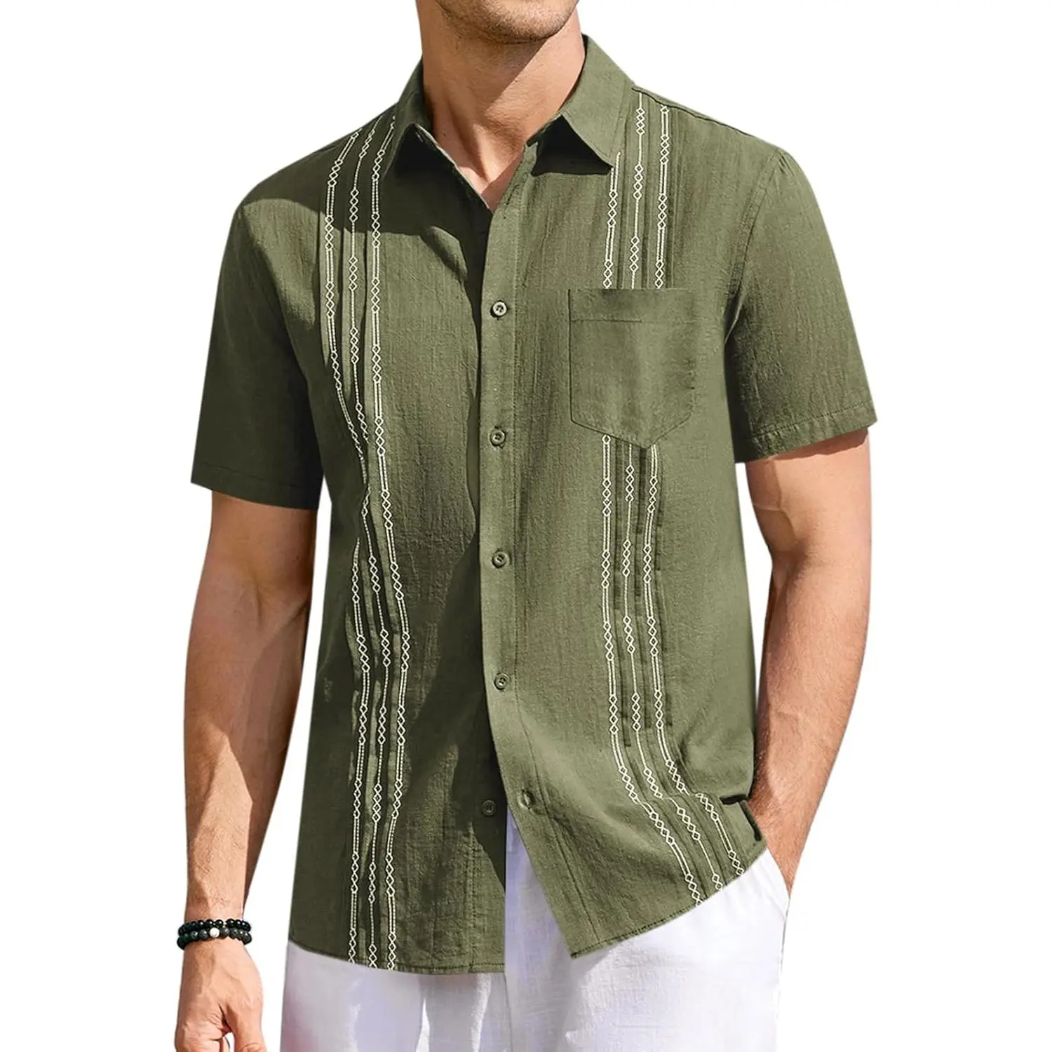 PASLTER Men's Linen Guayabera Cuban Short-Sleeve Button-Down Kurta Top, Casual Men's Fashion Summer Beach Shirt, Shortsleeve, Mensfashion