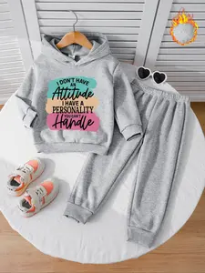 Girls' Letter Print Hoodie Set, Casual Fall & Winter, Comfortable Thick Fabric, Trendy Kids Clothing, Ideal for Daily Wear