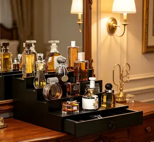 Black Wooden 4 Tier Display Stand with Velvet Lined Drawer, Multi-Purpose Storage Organizer Rack for Perfume, Cologne, Figures, Cupcake, Dessert, Spice, Vanity & Countertop