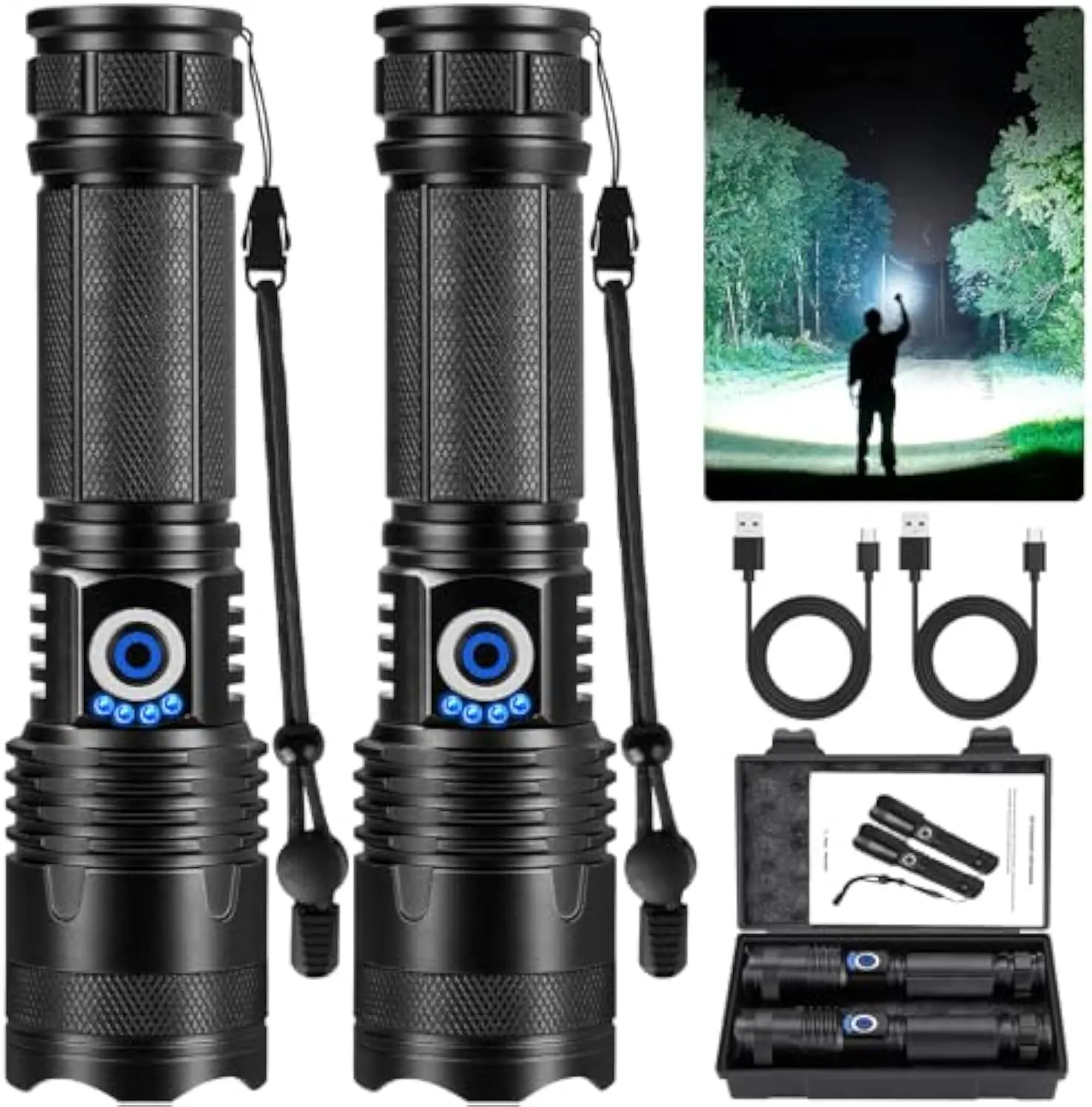 2-Piece Rechargeable Ultra Bright LED Flashlights, 90000 Lumens, 5-Mode Brightness, Zoomable Waterproof Aluminum Body, USB-Powered, Emergency Use, Practical Gift for Men (Home Supplies Party Gift Option), Flashlight