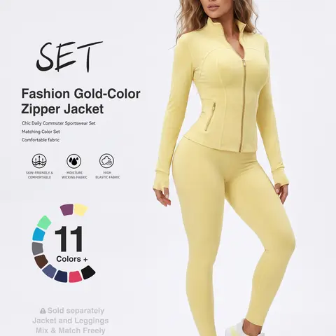 Uncia Active Women's 2-Piece Figure Sculpting Workout Set - Zip-Up Stand Collar Gold Metal Zipper Jacket, High Waist Full Length Leggings, Lightweight Stretch Activewear for Gym, Everyday Outing (Matching Sets for Women), Workout Sets