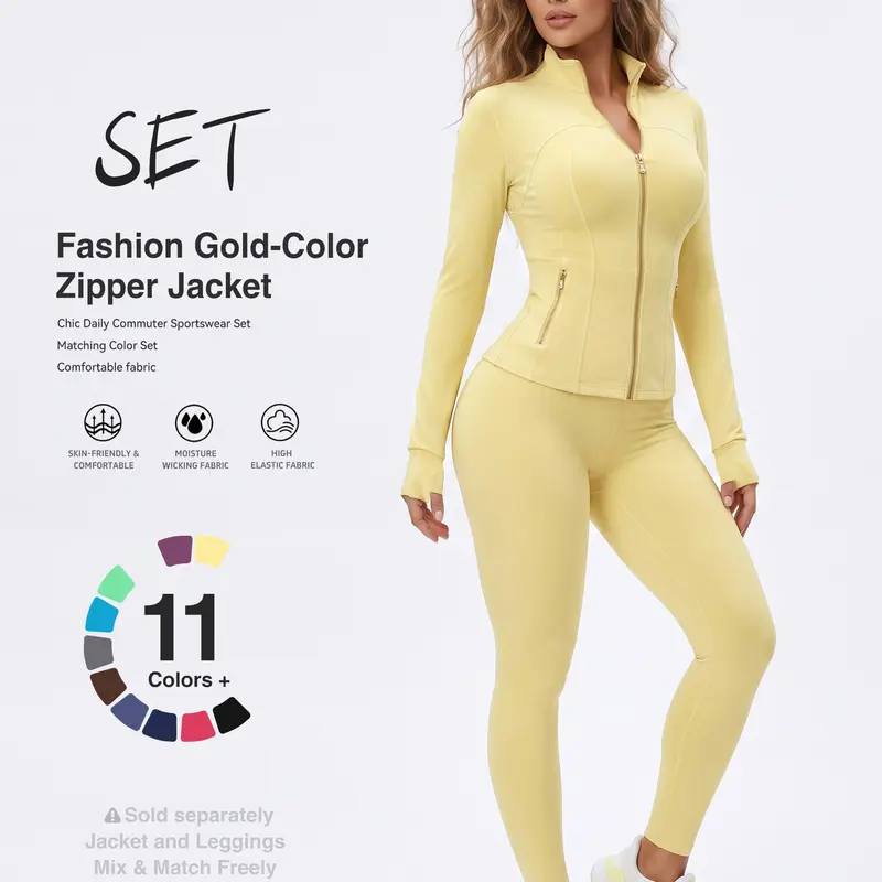 Uncia Active Women's 2-Piece Figure Sculpting Workout Set - Zip-Up Stand Collar Gold Metal Zipper Jacket, High Waist Full Length Leggings, Lightweight Stretch Activewear for Gym, Everyday Outing (Matching Sets for Women), Workout Sets