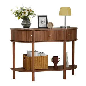 Giratree 43.3“ Fluted Half Moon Console Table, Modern Entryway Console Sofa Table with Storage, Narrow Wood Accent Tables Behind Couch Tables for Living Room, Hallway, Foyer