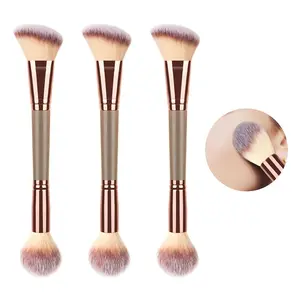 3PCS Dual Ended Makeup Brush Set for Foundation, Blush, Contour & Highlighter - Angled Foundation Brush & Concealer Brush for Liquid, Powder, Cream Makeup - Professional Blending & Bronzing Brushes