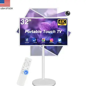 32"Smart Portable TV,Built-in Battery, 8+128GB, Android OS, Rolling Touch Screen Monitor on Wheels, Air Remote Mouse, With Buit-In Camera
