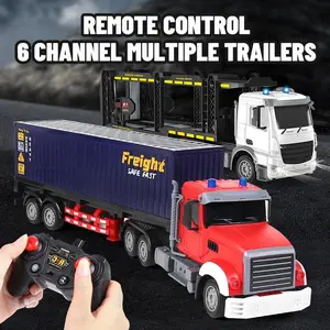 Rechargeable  Semi Truck,2.4G RC Flatbed Truck, Remote Control Heavy Hauler with Opening Doors & Container, Construction Tractor Trailer Toy with Music & Lights, 1:24 Scale Model Vehicle Gift for Kids Age 8+