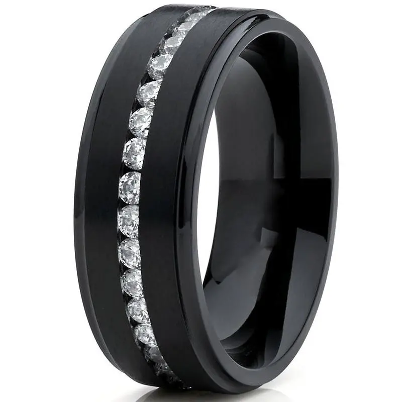 Men's Black Stainless Steel & Titanium Timeless Wedding Ring - 8mm, Cubic Zirconia (CZ), Matte Finish, Gem Settings, Step Design, Contoured Interior, Comfortable Snug Fit