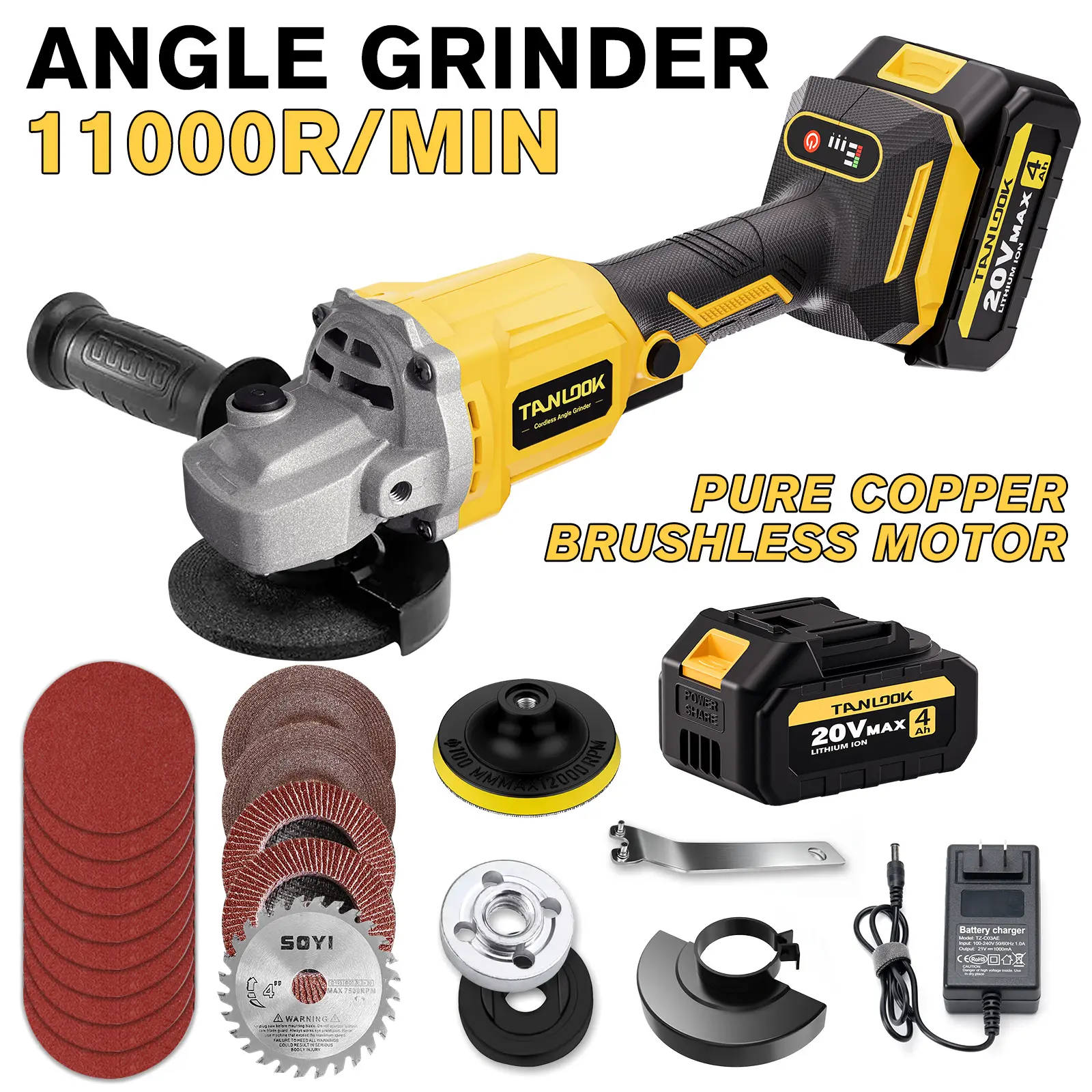 TANLOOK Brushless Cordless Angle Grinder Power Tool - 4Ah Battery, Portable Handle, Long-Lasting Power, Angle Grinding Machine for Sanding/Cutting, Ideal for DIY Projects & Home Decoration Father's Day Gift