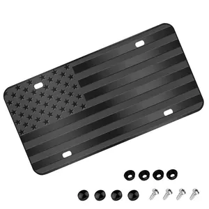 American Flag License Plate, Black Front Flag Decoration License Plates with 4 Holes,Aluminum Metal 3D Embossed US License Plate with Screws Caps, 6 * 12 inches Car Decor Accessory