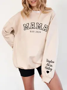 Women's Personalized MAMA Graphic Sweatshirt - Heart Detail on Sleeves, Pink Loose Crew Neck, A Great Choice for Women Moms' Daily Leisure