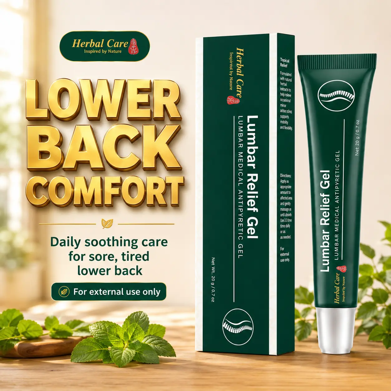 Soothing gel for lumbar relief that improves lower back pain caused by muscle strain; stiffness and discomfort after prolonged sitting or hunching, and cooling can cause stiffness and soreness in the lower back. It penetrates to relax the waist and back m