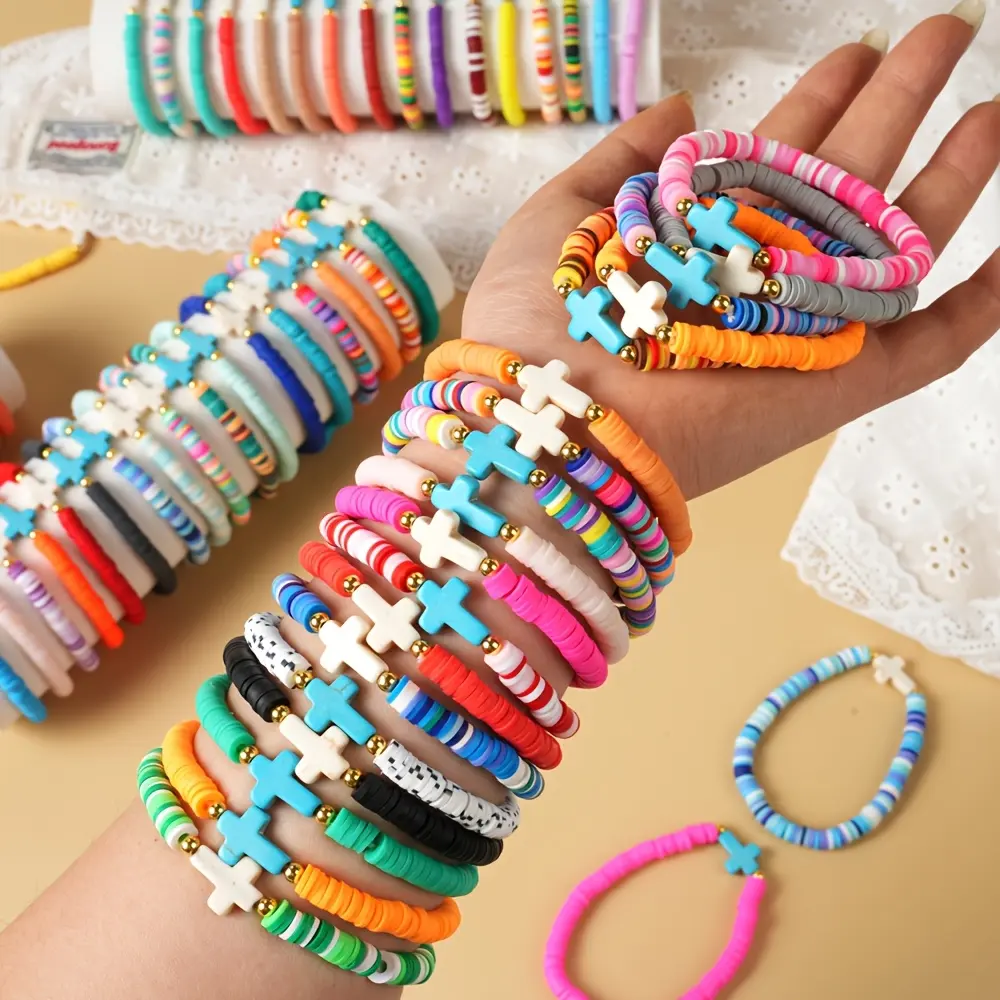 Polymer Clay Stackable Bands, 32-Piece Bohemian Arm Candy Accessories for Women, Colorful Beaded Bracelets with Cross Charms for Daily Casual Style, Bohemian Casual