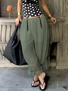 Women Matcha Green Wide Leg Pants High Waist Drawstring Loose Fit Chiffon Layered Ruffle Hem Lace Trim Casual Boho Streetwear Summer Vacation Beach Flowy Trousers Chic Lounge Pants