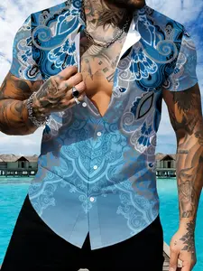 Blue Paisley Pattern Short Sleeve Shirt, Men's Casual Summer Breathable Printed Shirt, Summer Vacation Clothing