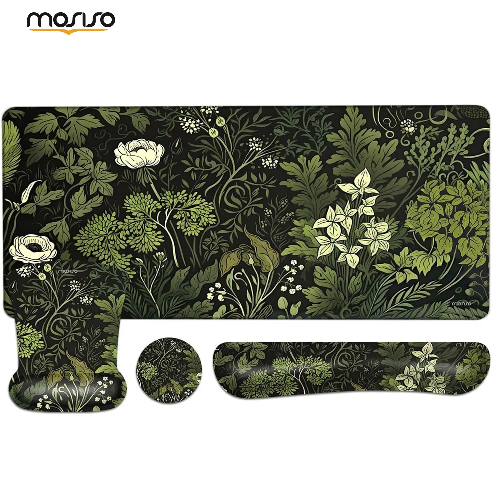MOSISO Desk Pad Mat Keyboard Mouse Pad Set,Large Gaming Mouse Pad&Keyboard Wrist Rest&Mouse Pad with Wrist Rest&Coaster,Ergonomic Home Office Non-Slip Mousepad with Memory Foam, Green Floral Plants