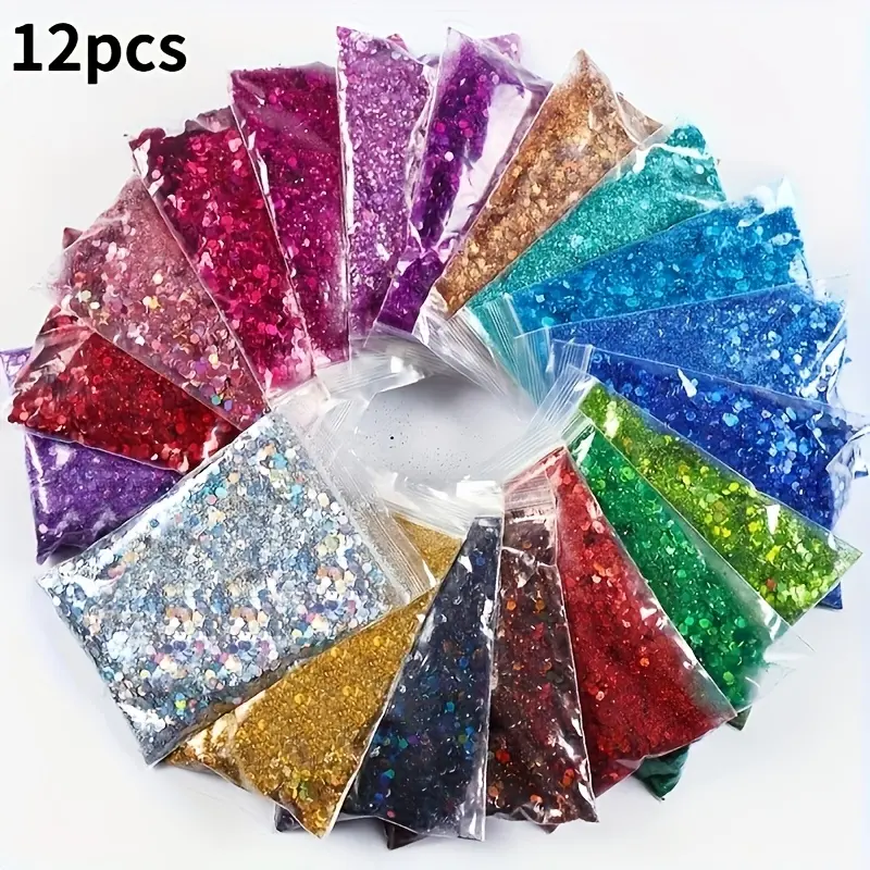 12 Bags (60g) 12-Color Unisex Chunky Shape Laser Glitter Sequins - Irregular Shimmer Flash Powder, DIY Crafts Decor Accessories for Art Enthusiasts, Party Gift Bag Supplies, Nail Art