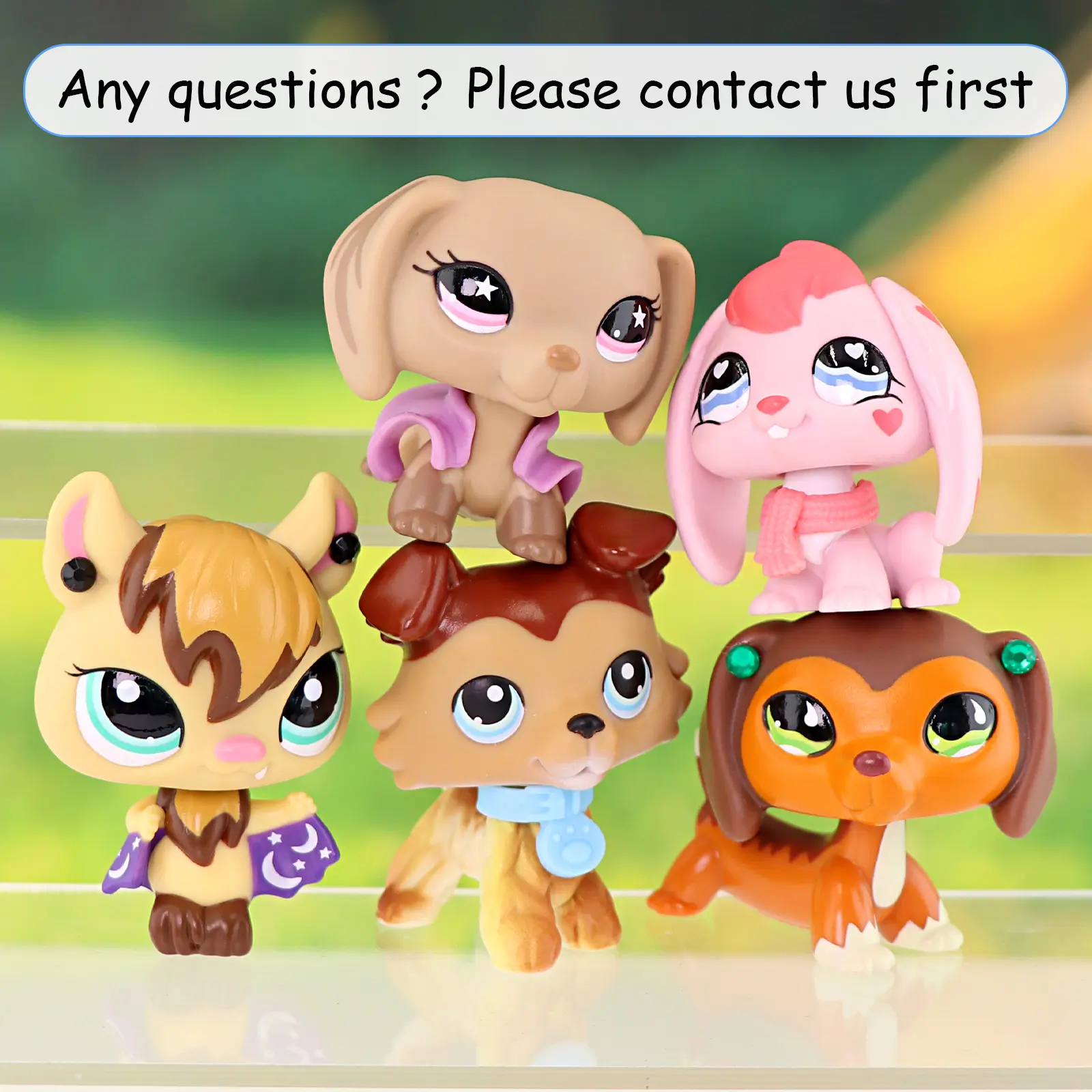 5 Pcs Cute Cartoon Animal Figurines Set, Big Eye Mini Pet Collectible Figures with Dress-Up Accessories, Mixed Puppy Rabbit Squirrel Toys for Pretend Play, Desktop Decor & Collector Gift