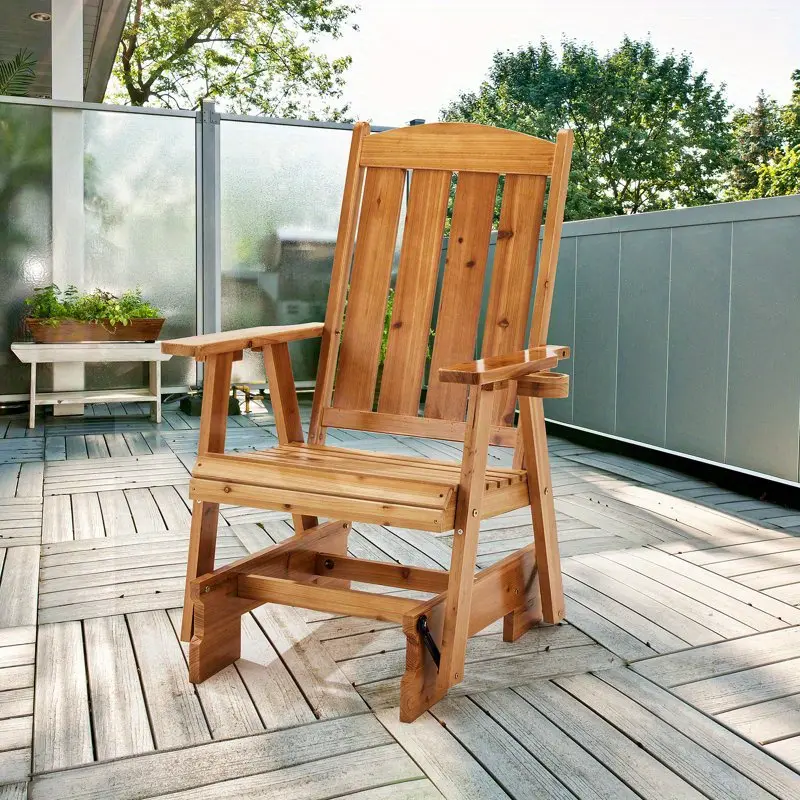 Heavy Duty Wooden Patio Glider Chair with Cup Holders, Outdoor Rocking Chair with Ergonomic Deep Seat & High Backrest, 600LBS Capacity for Porch, Garden, Balcony