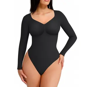 FeelinGirl #Live1 Women's Long Sleeve Bodysuit for Tummy Control Seamless Body Suits Thong V Neck Going Out Tops Womenswear