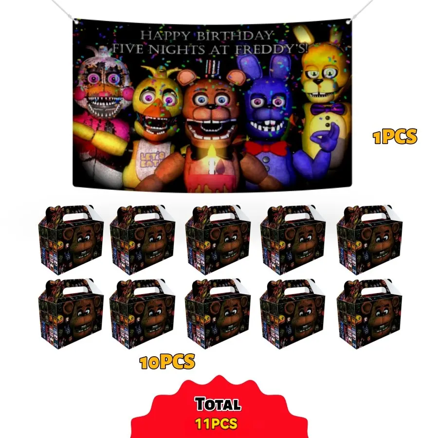 Fnaf Theme Birthday Party Decorations, Photo Background, Backdrop Decoration, Photo Backdrop Set + 10 Character Kids Gift Boxes, Perfect for Party Decoration, Birthday Parties, Party Decor Supplies