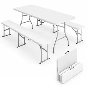 6FT 3 PCS Picnic Table With Two Benches Folds In Half With Handles For Easy Carry Great For Backyard Party Or Camping Trip