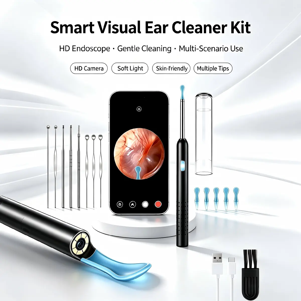 Manual Ear Wax Removal Kit - 1080P HD WiFi Wireless Otoscope, 6 Multi-Tips, Waterproof Visual Endoscope, Portable Storage Box, Upgraded LED Light, Precise View, iOS & Android Compatible Ear Wax Removals Tool with Free Epilator Samples