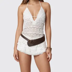 Women Lace Halter Neck JumpsuitSleeveless Open Back Layered Ruffled Shorts Romper Flower Womenswear