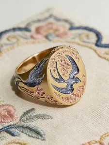 2026 Vintage Style Bird Flower Enamel Copper Ring, Elegant Geometric Design, Perfect for Daily Wear and Parties, Vintage Rings Jewelry, Fashionable Jewelry
